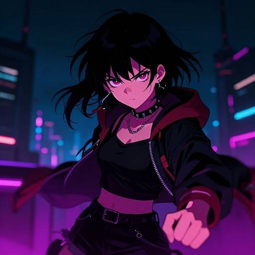 Digital anime-style drawing of a fierce, dark-haired woman with pink eyes, wearing a black crop top, jacket, and choker, in a neon