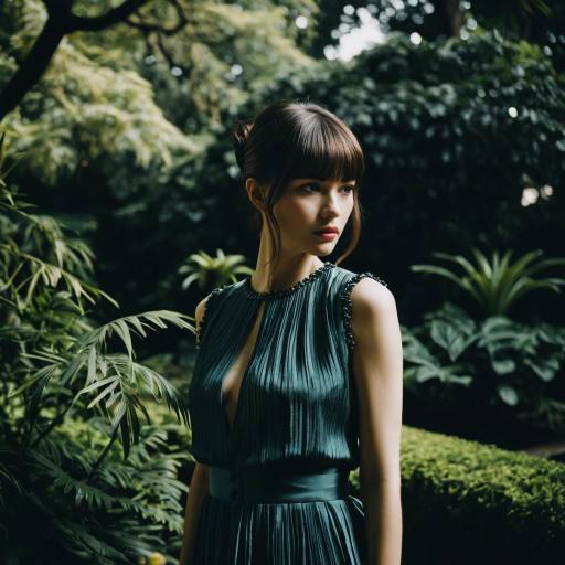 Elegant Woman with Peekaboo Fringe Hairstyle in Botanical Garden