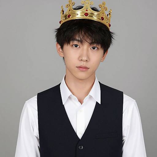 Photograph of an Asian man with short black hair, wearing a gold crown with red gems, white shirt, and black vest, against a plain gray