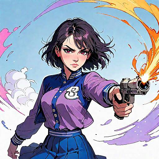 Anime Girl Aiming Handgun in Bowling Alley