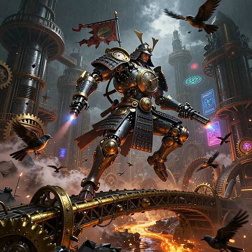 Clockwork Samurai Vaulting Across Brass Bridge