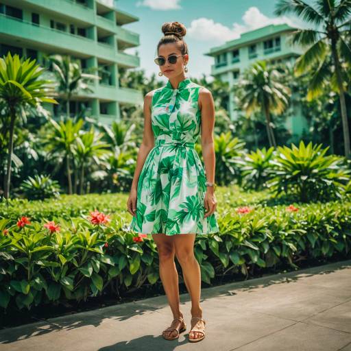 Woman in Tropical Print Summer Dress Outdoors