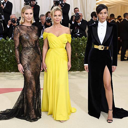Photograph of three women on a red carpet, wearing elegant evening gowns: black lace, bright yellow off-shoulder, and black with a