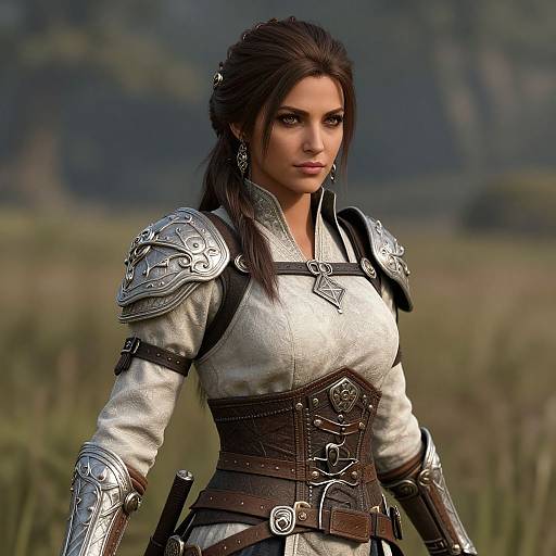 CGI image of a strong, dark-haired woman in medieval fantasy armor with silver shoulder plates, brown corset, and forest background.