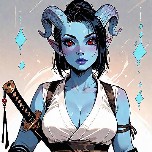 Fierce Blue-Skinned Female Tiefling Ninja