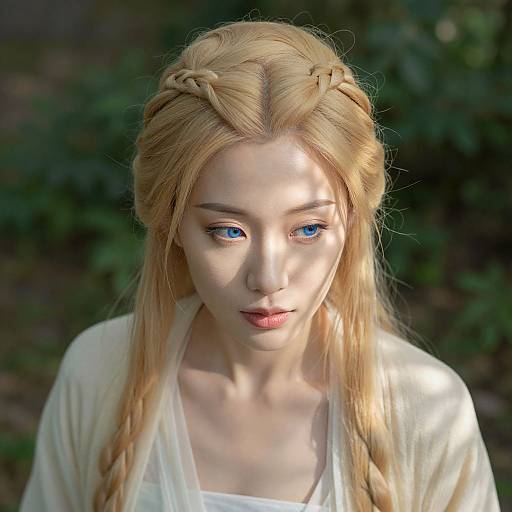 Photograph of a fair-skinned, blonde woman with braided hair, blue eyes, and soft makeup, wearing a white top, against a blurred