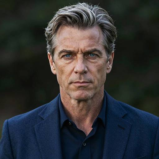 Photograph of middle-aged man with silver hair, blue eyes, and slight stubble, wearing a dark blazer and black shirt, against a blurred