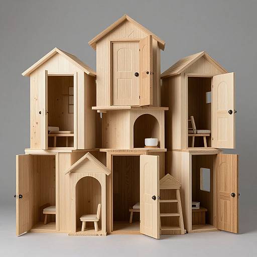 Photograph of a three-story, wooden dollhouse with multiple open doors, visible furniture, and ladder, featuring a light natural wood finish against a gray