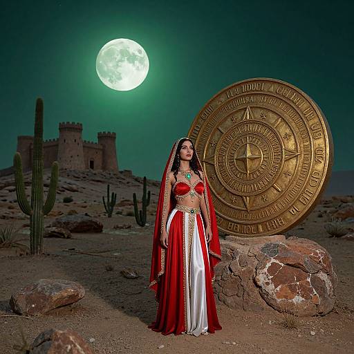 Photograph of a woman in red and white traditional attire, standing in a desert at night, with a large golden coin, full moon, and castle