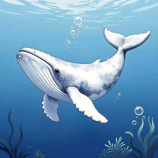 Digital illustration of a white, cartoon-style whale with bubbles ascending, swimming in a blue underwater ocean scene with seaweed.