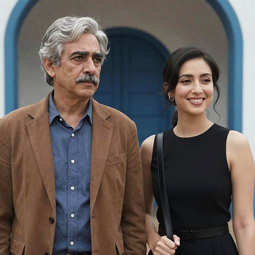 Mature Man and Young Woman Standing by Blue Archway