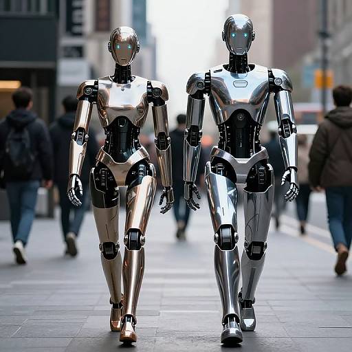 Photograph of two futuristic, shiny silver humanoid robots with glowing blue eyes walking side by side on a busy city street. Blurred pedestrians and buildings in