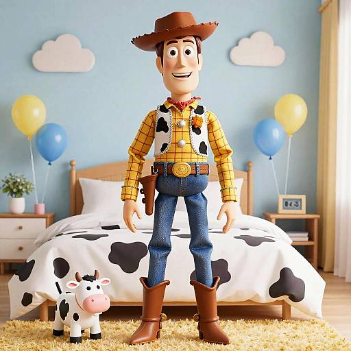 CGI image of a smiling cowboy doll in cow-pattern shirt, jeans, brown boots, and hat, standing in a colorful, cow-themed bedroom with