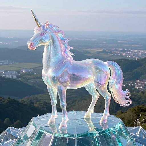 Photograph of a glowing, iridescent unicorn statue with a rainbow mane and horn, standing on a glass pedestal, overlooking a distant, hilly