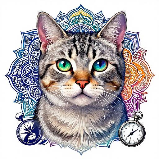 Digital artwork of a tabby cat with vibrant turquoise eyes, surrounded by intricate blue, purple, and orange mandala patterns, and a small clock below