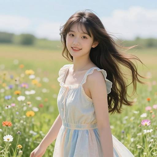 Photograph of a smiling young Asian woman with long brown hair, wearing a sleeveless white dress, standing in a sunny meadow filled with colorful wild