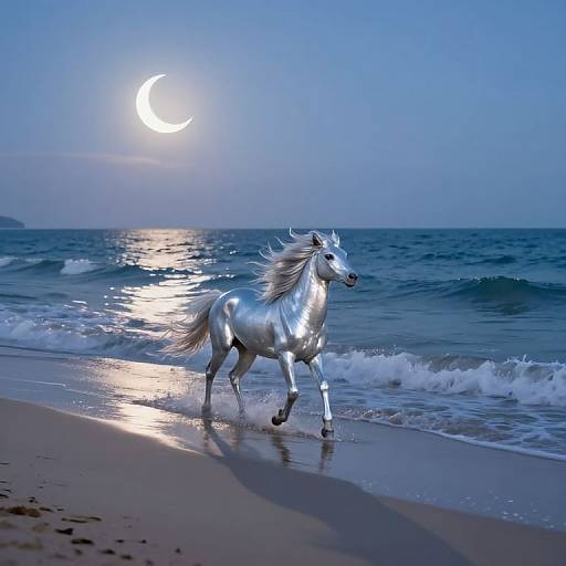 A radiant silver horse gallops on a moonlit beach with a crescent moon in the blue evening sky, waves crashing in the background. Photoreal