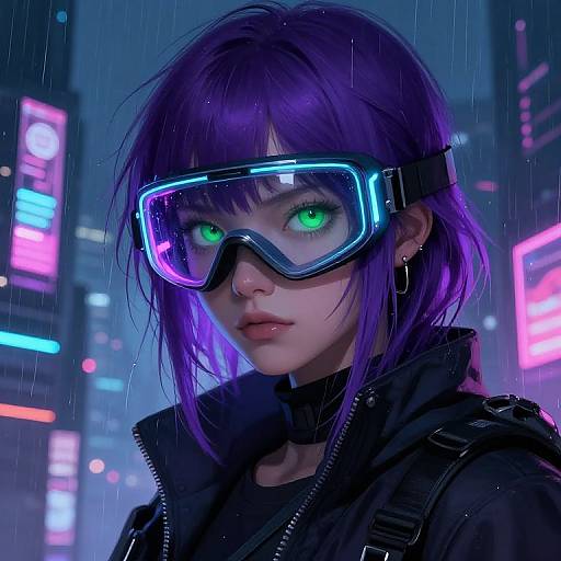 Cyberpunk-style digital art of a purple-haired woman with glowing green eyes, neon-lit city background, wearing futuristic goggles and black jacket. Rain