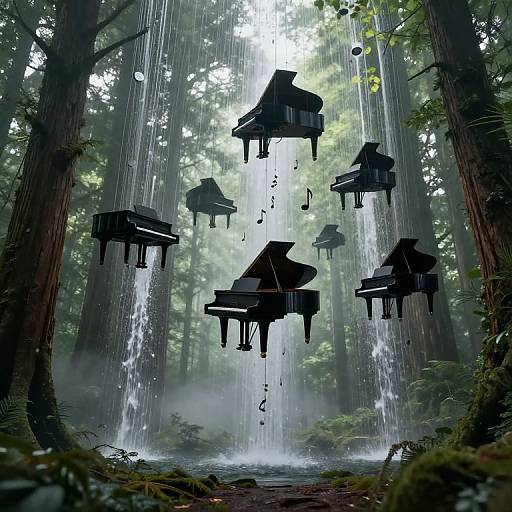 Photograph-like digital artwork of black grand pianos floating in mid-air, suspended by vertical water streams, set in a misty, lush forest.
