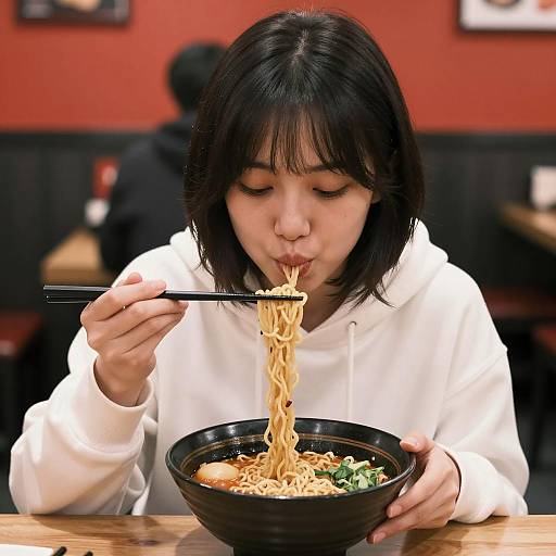 Asian Woman Enjoying Ramen Noodles