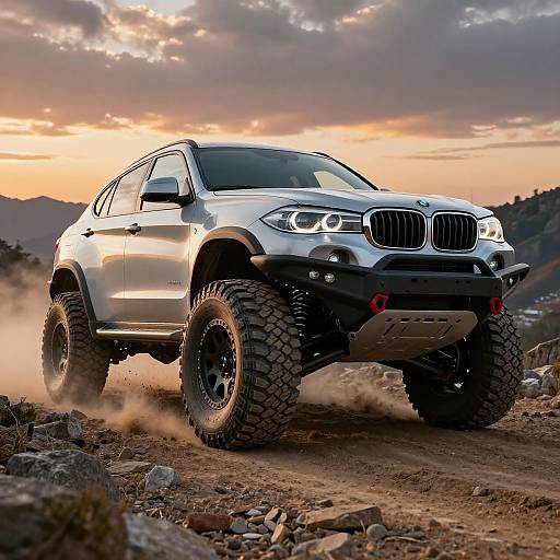 Photograph of a white BMW X5 SUV with large, rugged tires driving on rocky terrain at sunset, kicking up dust, with mountains and a colorful
