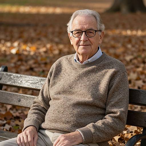 Photograph of an elderly man with white hair and glasses, wearing a brown sweater and beige pants, sitting on a park bench surrounded by autumn leaves.