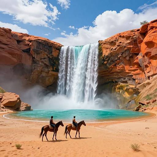 Photograph of two cowboys on horses in front of a majestic waterfall cascading into a turquoise pool, surrounded by red rock cliffs under a bright blue