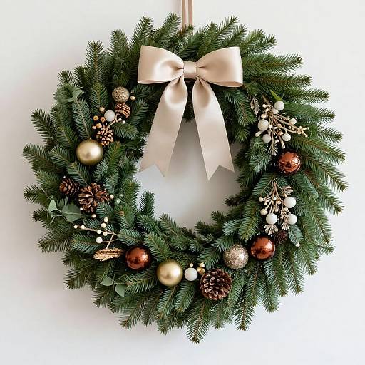 Photograph of a festive Christmas wreath with green pine needles, gold and red ornaments, pinecones, white berries, and a large beige ribbon