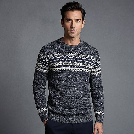 Photograph of a handsome, dark-haired man in a dark gray, patterned knit sweater, standing against a plain gray background.