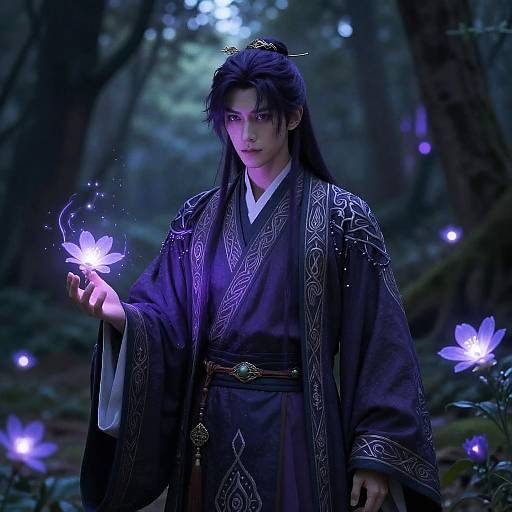Mystical Forest Fantasy with Purple-Haired Mage