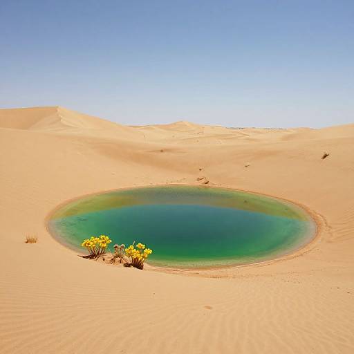 Photograph of a circular, turquoise oasis in a vast, sunlit desert with yellow flowers beside it, under a clear blue sky.