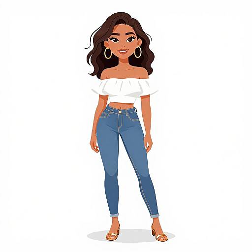 Digital illustration of a smiling woman with long dark hair, wearing a white off-shoulder top, blue jeans, and gold hoop earrings, standing against