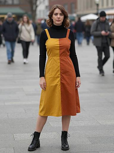 Photograph of a young woman with wavy brown hair, wearing a black turtleneck and a two-tone yellow-orange dress, standing confidently on a
