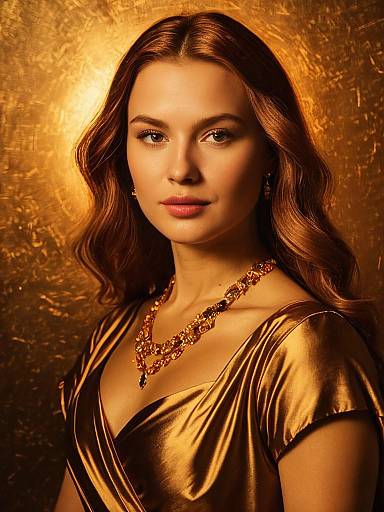 Woman in Gold Dress with Elegant Jewelry