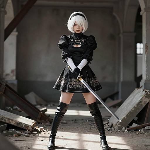 Female Cosplayer in Gothic Outfit Holding Katana