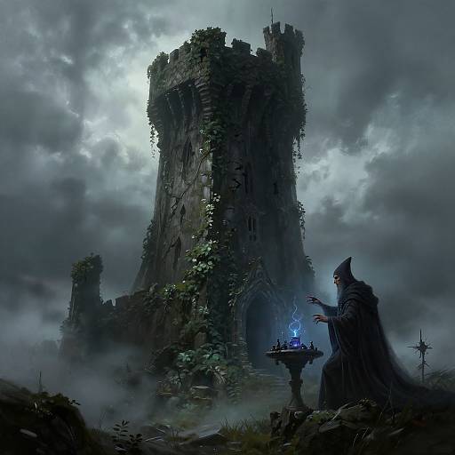 Dark fantasy digital painting: a hooded figure with glowing blue flame casts shadow on ancient, overgrown castle tower under stormy, cloudy sky.