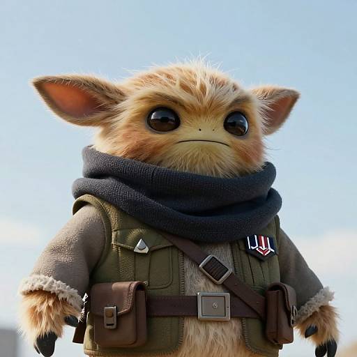 Digital artwork of a cute, furry, fox-like creature with large black eyes, wearing a dark scarf, green vest, and brown belt, set against
