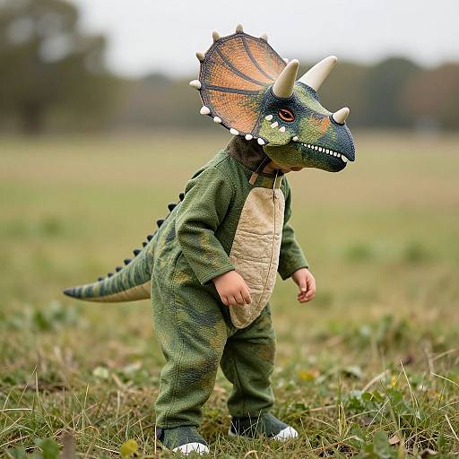 Photograph of a child in a detailed green dinosaur costume with orange and black frilled headpiece, standing in a grassy field.