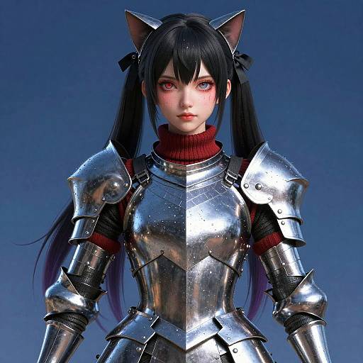CGI image of an anime-style young woman with black cat ears, long black hair, red eyes, and shiny silver armor, wearing a red t