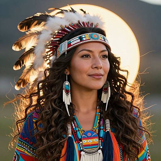 Photograph of a woman with long curly brown hair, wearing a colorful Native American headdress and traditional beaded clothing, illuminated by a bright circular light