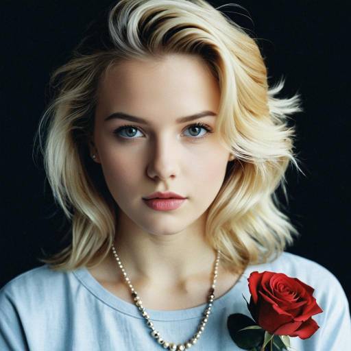 Blonde Woman with Red Rose and Pearl Necklace