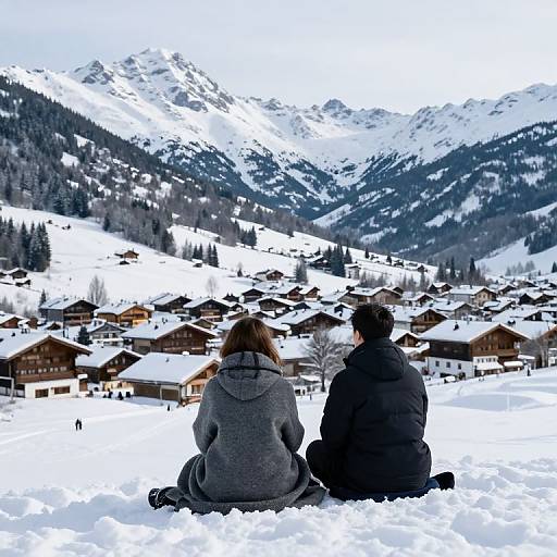 Photograph of a couple in winter clothes, sitting on snow, facing a snowy mountain village with wooden chalets, under a cloudy sky.