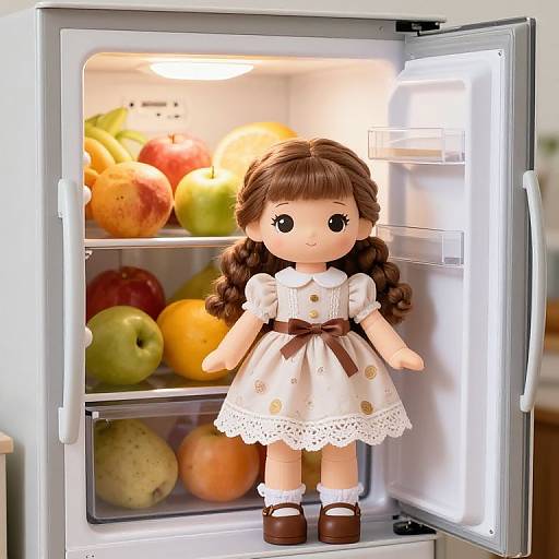 Photograph of a doll with brown hair, wearing a white dress with brown ribbon, standing inside an open refrigerator with apples and other fruits.