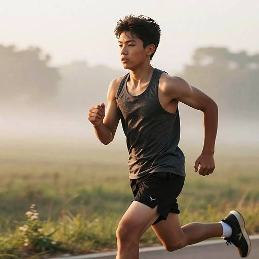 Photograph of an Asian man with short black hair, wearing a dark gray tank top and black shorts, jogging on a rural road at sunrise, surrounded