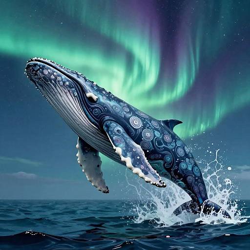 Photorealistic digital art of a humpback whale leaping out of the ocean under vibrant green and purple auroras, surrounded by splashing water