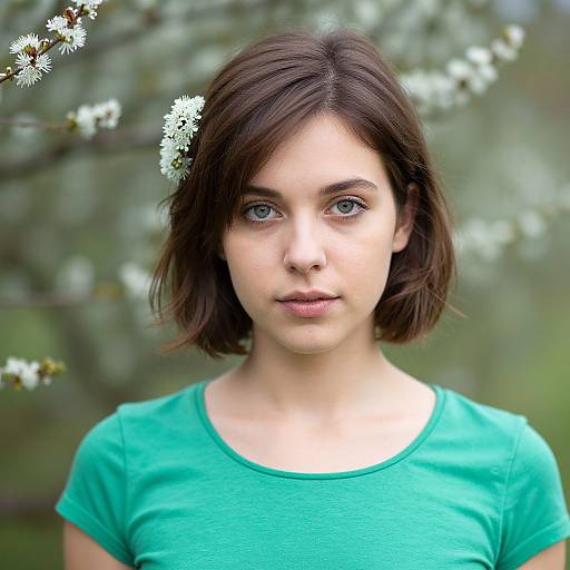 Young woman with short brown hair, blue eyes, and green shirt, standing outdoors with blurred white blossoms in the background. Photographic portrait.