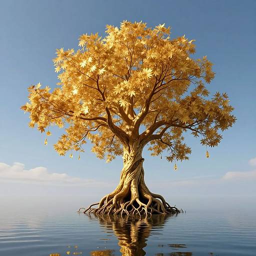 Photograph of a solitary tree with golden-yellow leaves, rooted in calm water, reflecting blue sky and scattered clouds.