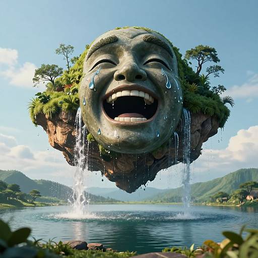 Photorealistic CGI image of a giant, crying stone face with teardrops, floating on a rocky island above a serene lake.