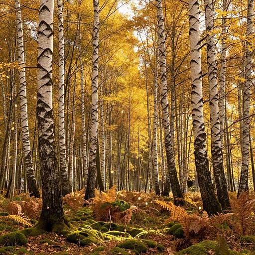 Autumn Birchwood Forest with Golden Leaves
