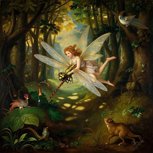 Fantasy digital painting of a fairy with translucent wings, dressed in white, floating in a lush forest, surrounded by animals and a bird. Sunlight